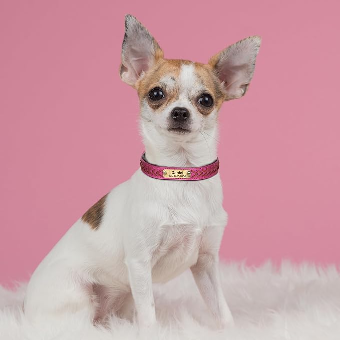 Personalized Dog Collars Custom Premium PU Leather Dog Collar with Name and Phone Number Engraved Name Plate for Medium Dogs Customized Customizable Adjustable Dog Collar, Hot Pink,M(11-14")