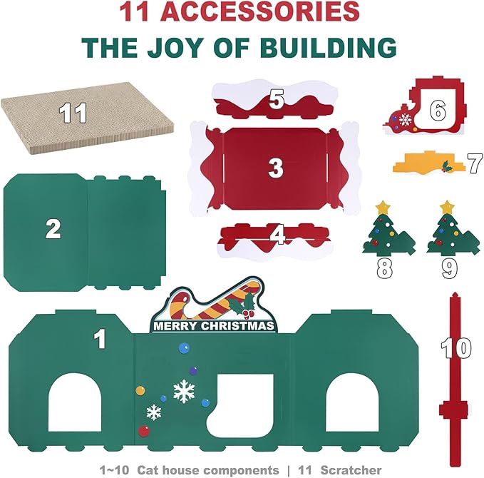 Cardboard Cat House with Scratcher – Christmas Cottage Design, 19''L x 17''W x 22''H, Festive Indoor Cat Playhouse & Hideout for Cats up to 22 lbs, Corrugated Scratch Pad & Holiday Home Décor