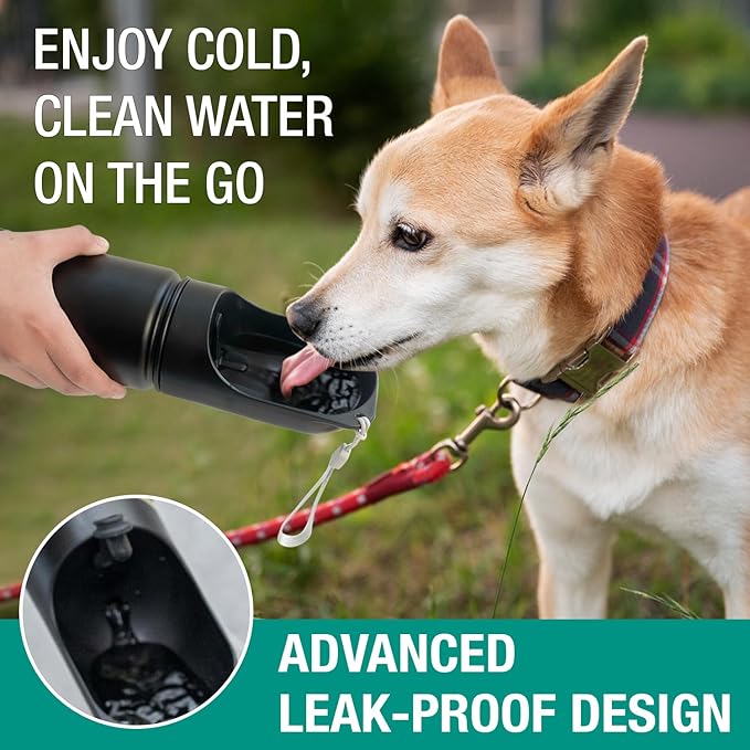 Dog Water Bottle Portable Stainless Steel Leak Proof Wide Mouth BPA Free Water Dispenser for Medium Small Dogs Pups 2 in 1 with Detachable Bowl Traveling Outdoor Walking Hiking Accessories (12OZ).