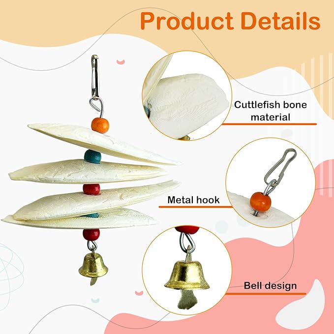 3 Pack Bird Chewing Toy Cuttlebone Parrot Toy with Bell Hanging Bird Beak Grinding Stone Parakeet Cage Accessories for Small Budgies Lovebirds Cockatiels (Flake, 4 Per Skewer)