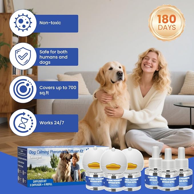 9 Pack Dog Calming Pheromones Diffuser Kit - 3 Plug-ins + 6 Refills (48mL Each) - 180 Day Supply for Anxiety, Aggression, Barking & Stress Relief in Dogs