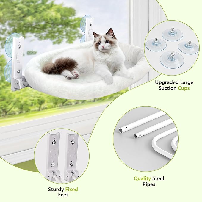 Cat Window Perch, Cordless Cat Hammock, Foldable Cats Window Bed for Large Cats with 4 Strong Suction Cups, Solid Metal Frame and Removable Cushion Bed Cover