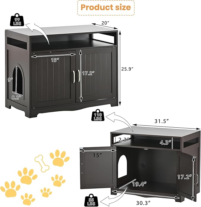 Cat Litter Box Enclosure, Hidden Litter Box Furniture with Built-in Power Outlet, Indoor Cat House, Cat Washroom Furniture, End Side Table for Hallway & Bedroom