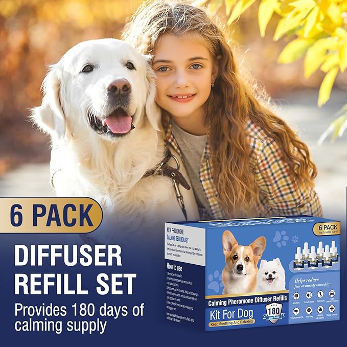 Dog Calming Diffuser Refills 6 Pack Pheromone Appeasing Pet Pheromones Refill 48ml to Calm for Anxiety Relief Reduce Aggression Stress Fighting Barking Fit Common Diffusers Plug in 180 Day(Tasteless)