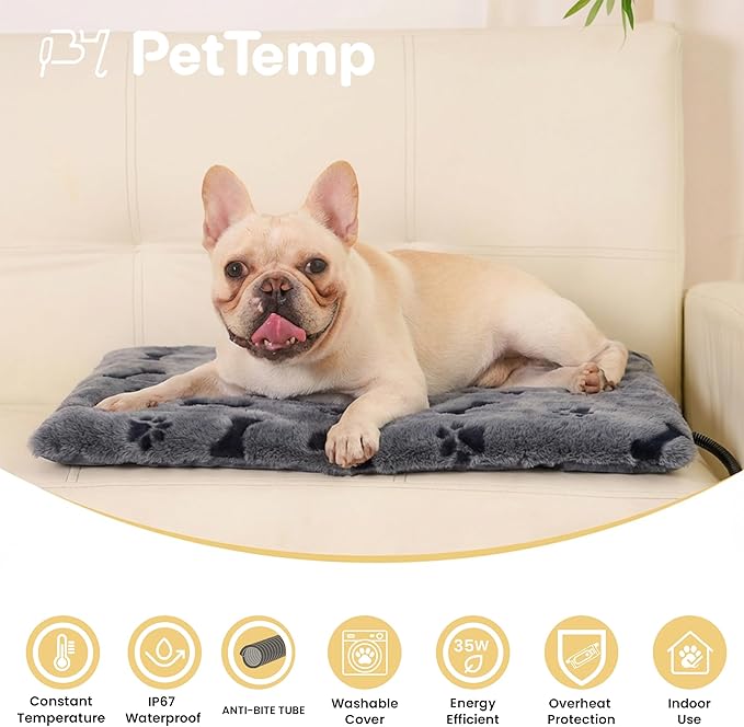 Heated Pet Pad for Dogs and Cats, Waterproof Heating Mat with Chew-Resistant Cord, Constant Warmth for Indoor & Covered Outdoor Use, Multiple Sizes and Colors (Grey, M: 20" × 16" × 1.3")