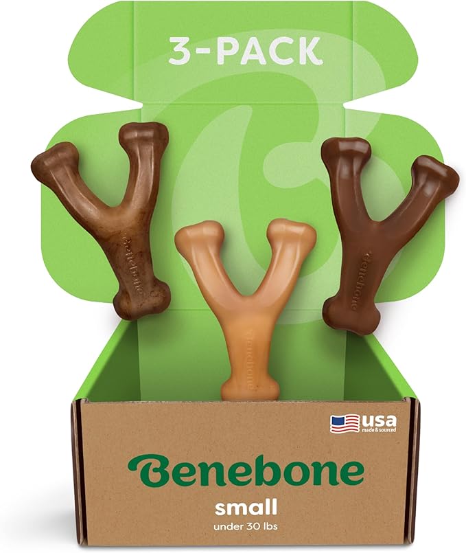 Small 3-Pack, Benebone Wishbone Durable Dog Chew Toy for Aggressive Chewers, Real Bacon, Chicken, Peanut Butter, Made in USA, Variety Pack