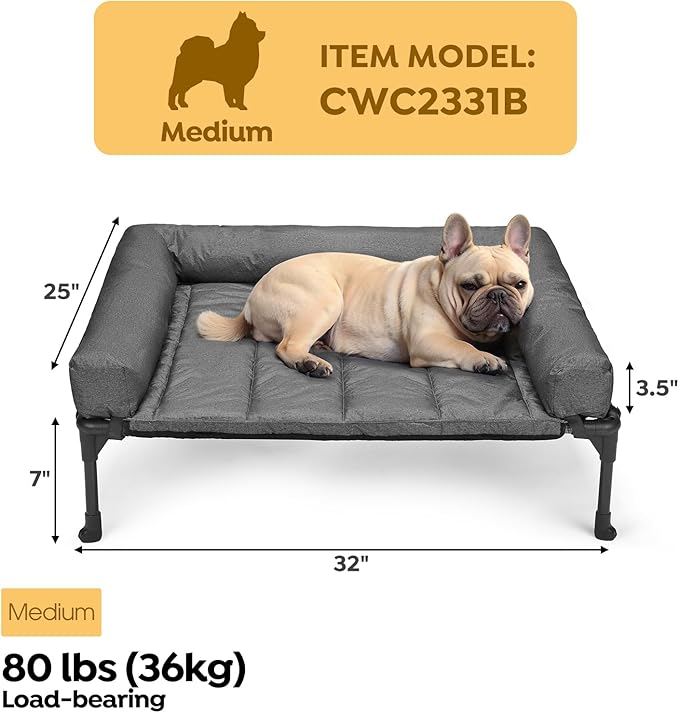 Veehoo Cooling Elevated Dog Bed Add Removable Waterproof Bolster Cushion Mat, Raised Pet Cot with Breathable Teslin Mesh, No-Slip Feet, Dog Sofa Bed for Indoor Outdoor, Medium, Black Silver