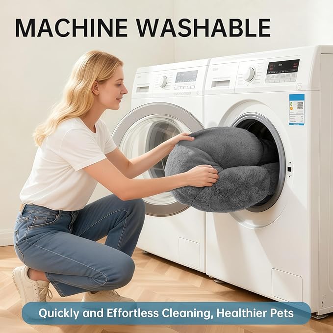 OhGeni 27 inches Calming Donut Dog & Cat Bed for Medium Pets, Warming Comfort Fluffy Short Pile Fur, Durable Machine Washable Round Bed, Cute Round Bed for Puppy and Kitten, Dark Gray