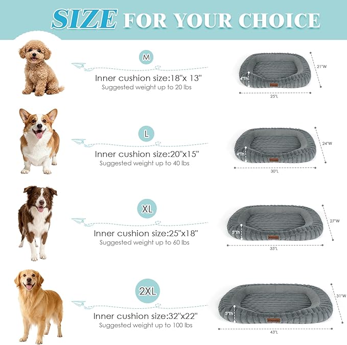 Dog Bed Large Size Dogs Washable Soft Furry Pet Bed, Calming Rectangle Large Dog Bed with Removable Cover & Anti-Slip Bottom, Orthopedic Anti-Anxiety Pet Bed with Handle, 35x27x5 Inches, Grey