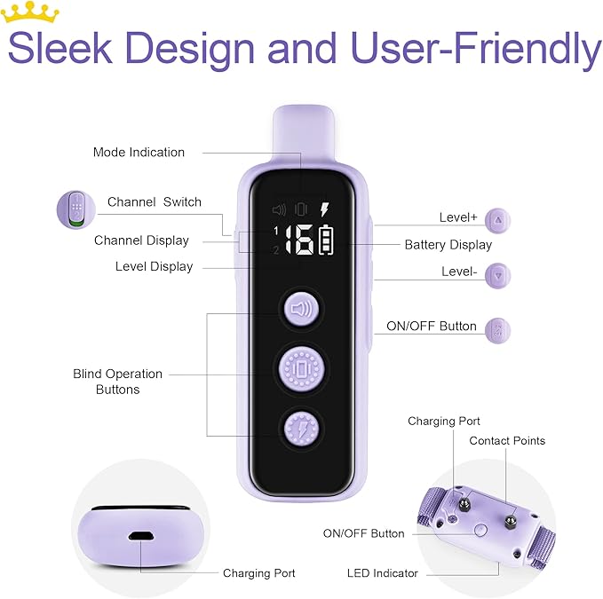 Bousnic Dog Shock Collar for 2 Dogs - (8-120lbs) Waterproof Rechargeable Electric Dog Training Collar with Remote for Small Medium Large Dogs with Beep Vibration Safe Shock Modes(Purple)