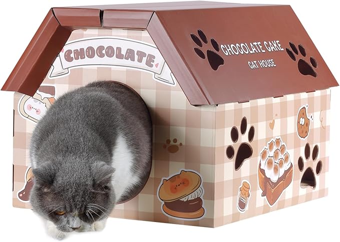 Cardboard Cat House with Scratcher – Chocolate Cake Design, 14''H x 18''L x 15.5''W, Sturdy Cat Playhouse for Indoor Cats up to 20 lbs, Fun Cat Hideout & Scratch Toy