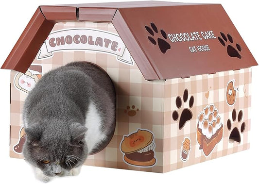 Cardboard Cat House with Scratcher – Chocolate Cake Design, 14''H x 18''L x 15.5''W, Sturdy Cat Playhouse for Indoor Cats up to 20 lbs, Fun Cat Hideout & Scratch Toy