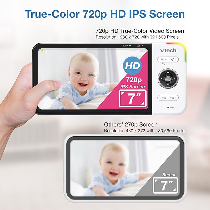 VTech VM919-2HD Baby Monitor, 7" 720p Screen, 2 Cameras, 360 Panoramic Viewing, 110 Wide-Angle View, Night Vision, Up to 1000ft Range, Secured Transmission No WiFi