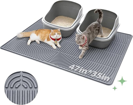 Cat Litter Box Mat,47" x 35" Extra Large Silicone Waterproof Litter Trapping Mat for Scatter Control Soft on Kitty Paws Non-Slip Easy to Clean