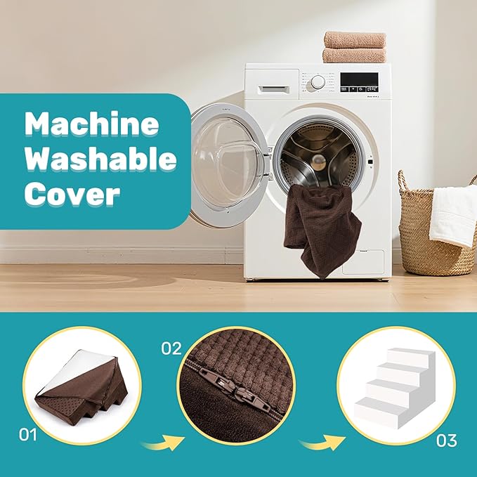 Dog Stairs for Bed, Extra Wide 4-Step Dog Steps for High Bed, High-Density Foam Pet Stairs with Non-Slip Removable Washable Cover for Small Pets, 18" H, Brown