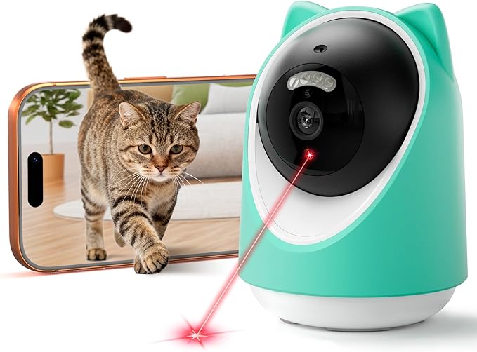 ASFSKY Pet Camera 2K Indoor Cat Camera Auto-Tracking for Cats, Cat Laser, Motion Detection Alerts, Night Vision, 2-Way Audio of pet Monitor, Cat Dog Home Security Camera with Phone App （Light Green）