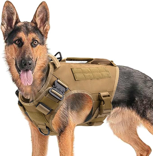 Tactical Dog Backpack Harness for Large Breed Original Design Metal Buckle Vest with Side Bags Pouches for Service Working Training (Khaki (Vest only), M)