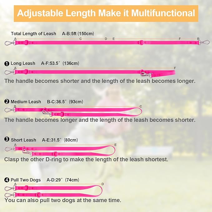 Wisedog Waterproof Dog Leash – 5ft/6ft Adjustable with 2 Metal Swivel Hooks, Easy to Clean Dog Leashes for Small, Medium, Large Breed Dogs (Rose Violet,S)