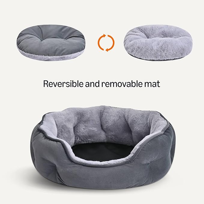 Amazon Basics Round Dog Bed for Medium Dogs, Cat Beds for Indoor Cats, Washable Pet Bed with Soft Plush Cushion, Anti-Slip Bottom, 30x24x8 Inches, Gray