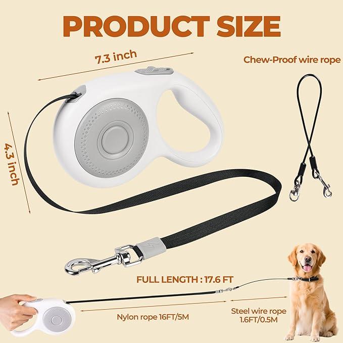 16Ft Retractable Dog Leash, Chew Proof Leash with Wire Pope and Strong Nylon Tape, 360 Tangle-Free Walking Lead for Small to Large Dogs up to 110lbs, One-Hand Brake, White