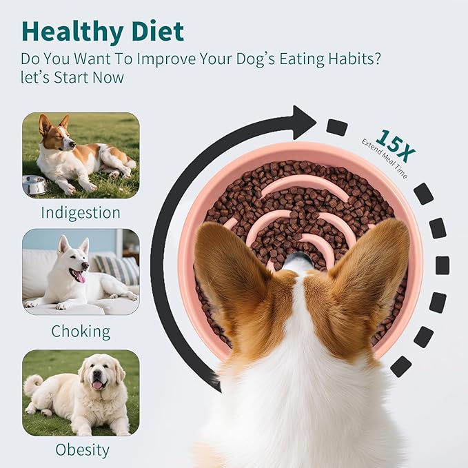 Pink Ceramic Slow Feeder Dog Bowl for Medium and Large Breed,1.5 Cup 8.26 in Slow Feeding Bowl,Puzzle Dog Food Bowl for Fast Eater,Maze Dish for Fast Eater