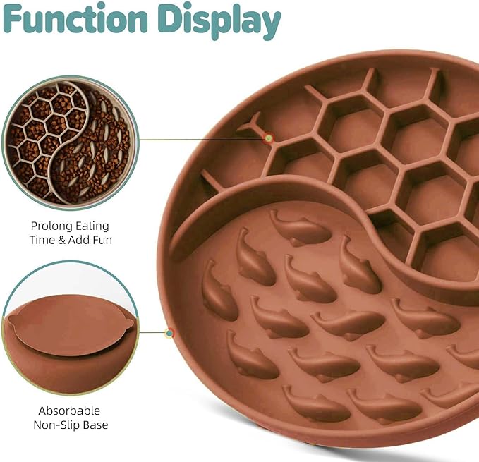 Slow Feeder Dog Bowls, Silicone Pet Food Bowls with Suction Cups, Non-Slip Dog Feeding Slow Down Pet Eating Speed for Fast Eaters, Anxiety Relief & Fun Added (Brown)
