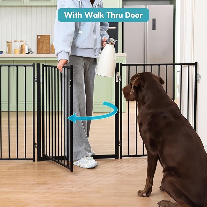 No Pawblems Free Standing Dog Gate with Door, 30'' Tall Foldable Dog Fence for Indoor & Outdoor, Up to 208 Inch Extra Wide Puppy Gate for Stairs, Hallways, Doorways, Deck, Yard (Black, 8 Panels)