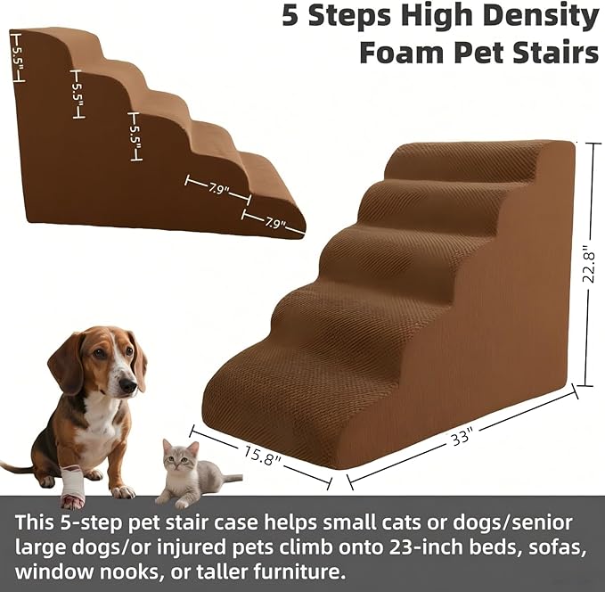 5 Step Pet Stairs Ramp for High Beds Sofas 23-30 Inch with Sturdy Non Slip Waterproof Pads, Machine Washable Cover Indoor Balanced Design for Cats Dogs Small Medium Large XL Pets Brown, Large,