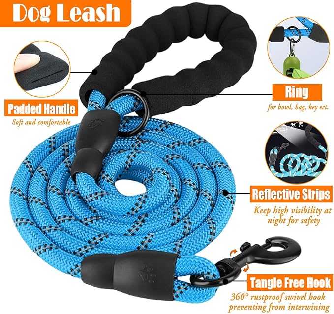 No Pull Dog Harness, Collar & Leash Set with Retractable Dog Seat Belt, Collapsible Dog Bowls and Poop Bag Dispenser - Ideal for Training, Walking, Hiking - Fits Small to Large Dogs(Blue-M)