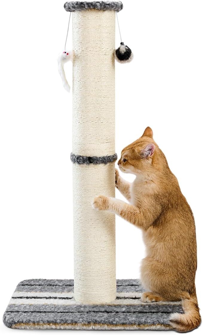 Joydeco Cat Scratching Post 38 Inches Heavy Duty and Thick Scratching Post Sisal Rope with Hanging Ball and Mice for Indoor Cats(Grey)