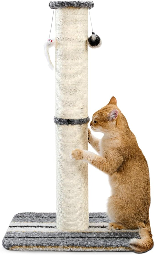 Joydeco Cat Scratching Post 38 Inches Heavy Duty and Thick Scratching Post Sisal Rope with Hanging Ball and Mice for Indoor Cats(Grey)