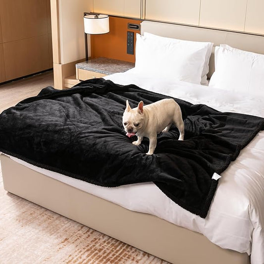 Black Waterproof Calming Pet Blankets for Dogs Reversible Fluffy Sherpa Fleece Pets Blanket for Dog Cats Warm Couch Sofa Beds Covers Washable (Black,XL-85x57in)