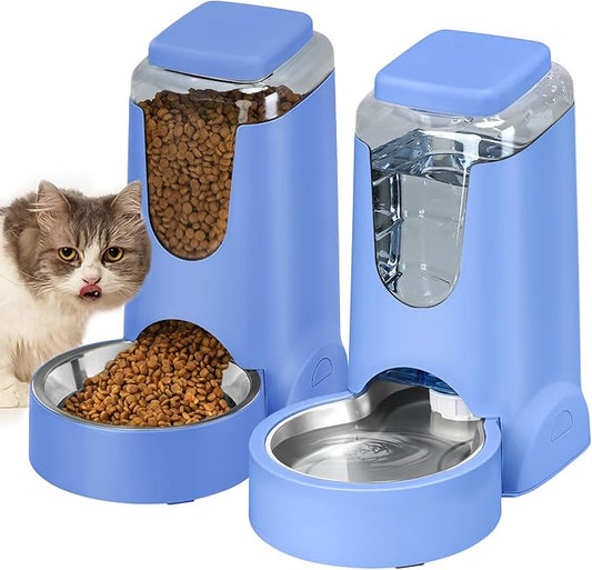 HWONMTE Portable Automatic Cat Feeder and Water Dispenser with Stainless Steel Bowl Dog Gravity Food Feeder and Waterer for Small Medium Pets Puppy Kitten 1 Gallon x 2 (Sapphire Blue)