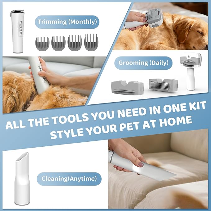 Dog Grooming Vacuum with 2L Dust Cup & 13000Pa Suction, 5-in-1 Low Noise Pet Grooming Kit with Clipper & Steam Brush for Shedding, Dog Vacuum for Dogs and Cats