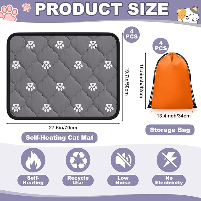 Riakrum 4 Pack Self Heating Cat Bed Pad Self Warming Pet Dog Mat Non Slip Washable Cat Kennel Crate Pad with Storage Bag for Indoor Outdoor Small Medium Dog Kitten(M, 20 x 28 Inches)