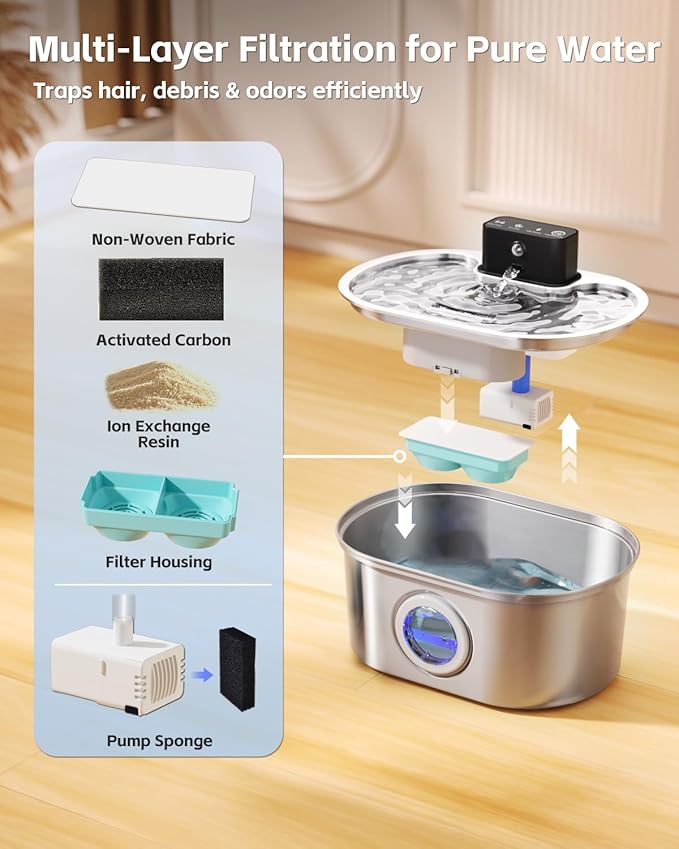 Cat Water Fountain Cordless, Stainless Steel Pet Water Fountain Wireless – 3.2L/108oz Battery Operated Automatic Water Dispenser for Cats Indoor, with Motion Sensor & Quiet Pump (1 Filter Sponge)