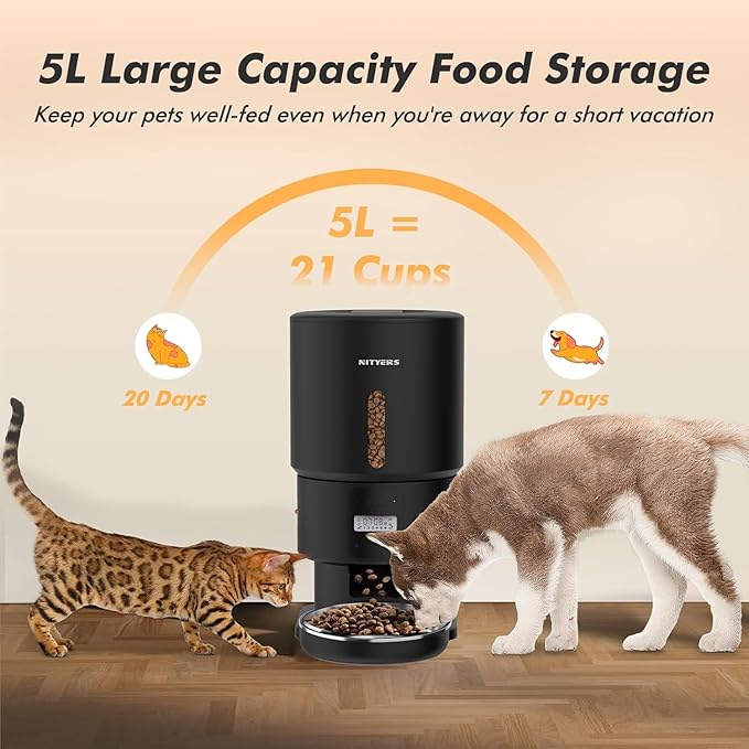 Automatic Cat Feeder - 5L Anti-Clog Cat Food Dispenser Keeps Dry Food Fresh, 10s Voice, 1-6 Meals/Day, Programmable Portions, 180-Day Battery Life, Easy to Clean Auto Pet Feeder for Multi Cats & Dogs