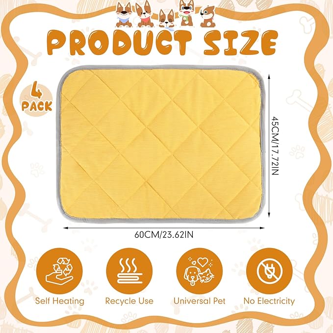 Novabright 4 Pack Self Warming Cat Bed Cat Dog Heating Pad Soft Warm Thermal Mat with Anti-Slip Bottom Dog Crate Pad for Outdoor Indoor Small Dogs Kittens (Turmeric Color,17.7 x 23.6 Inches)