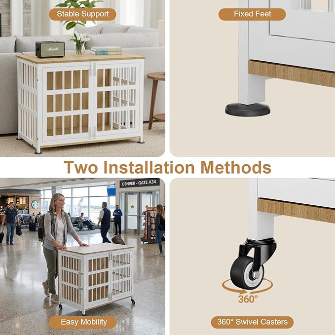 33" Dog Crate Furniture for Medium & Small Dogs with Wheels, Heavy Duty Dog Cage, Indoor Puppy Crate, Wooden Dog Kennel Table, 32.6"L x 22.8"W x 25.8"H, Decorate House as End Table — Natural and White