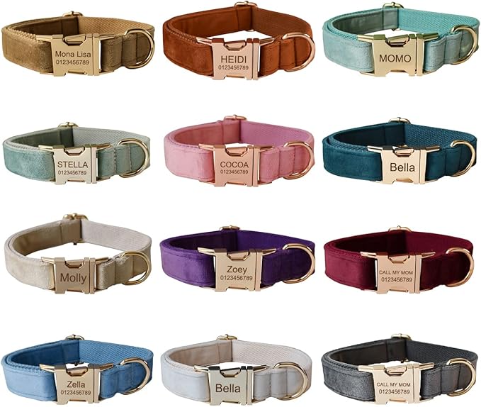 Custom Dog Collar with Metal Buckle - Pet Collars Personalized with Name and Phone Number (Velvet Style1)