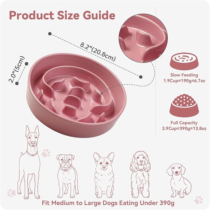 Ceramic Slow Feeder Dog Bowl - Maze Dog Bowl to Slow Down Eating - Fun Feeder for Fast Eaters - Ideal Food Control Dish for Medium to Large Breeds - 8.2 Inch - 1.8 Cups (180g) - Pink