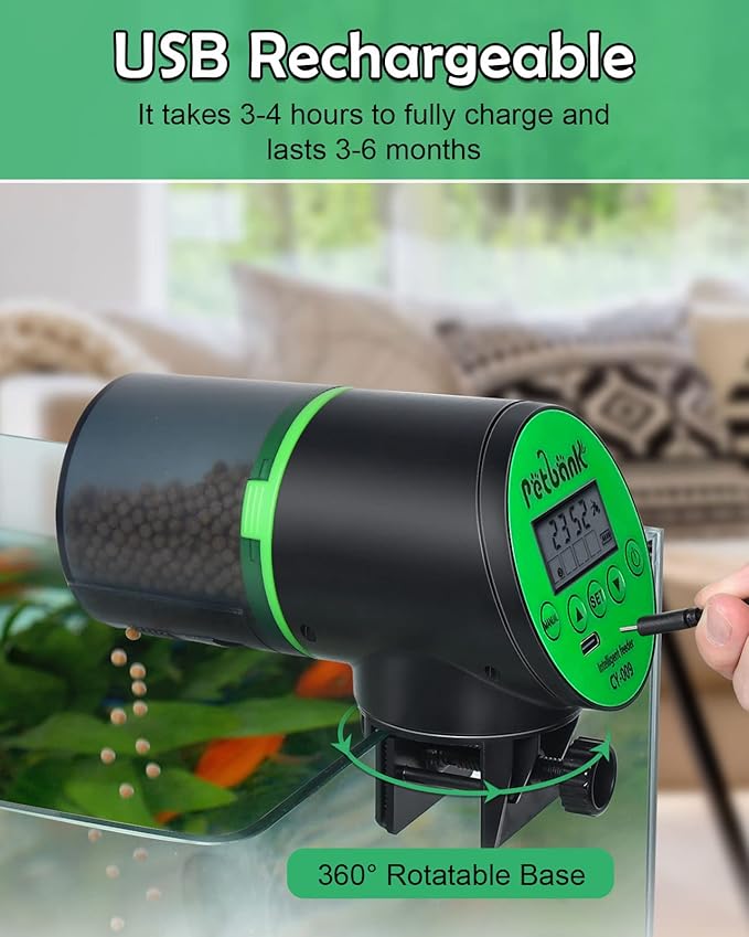 Automatic Fish Feeder for Aquariums - Rechargeable Auto Fish Food Dispenser Timer Feeder with USB Charger Cable，LCD Screen, Customized Schedule