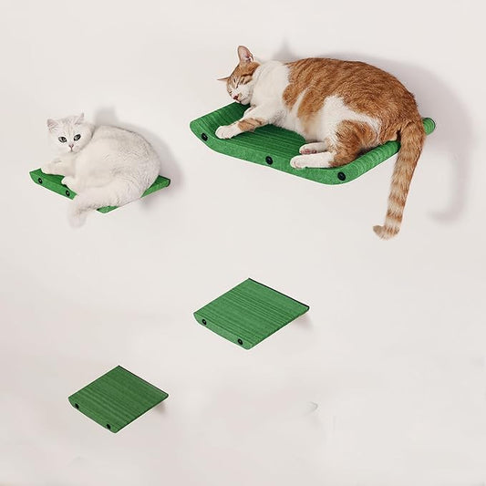 Cat Wall Shelves for Inside,Sound Proof PET Felt Cat Furniture Set,Scratch Resistant Wall Mouted Perch for Kitty Climbing, Sleeping and Lounging (Set of 4-Green)