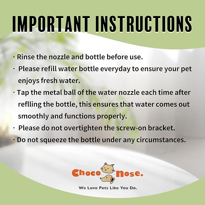 Choco Nose No-Drip Water Bottle Feeder for Hamsters, Hedgehogs, Gliders, Mice, Gerbils, & Small Pets 10.2 fl.oz, 300ml - Easy to Install in Cages/Crates, US Patented Leakproof Nozzle 10mm, Green(C125)