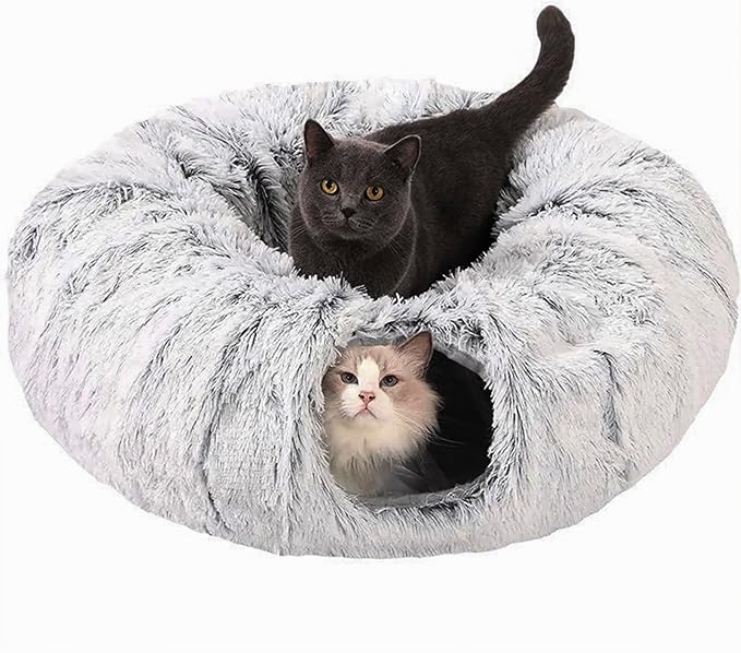 CLKHOWL Cat Tunnel Bed for Indoor Cats - Cute Cat Donut Tunnel with Washable Circle Cushion, Round Pet Play Toy for Kitten/Puppy/Rabbit, Grey