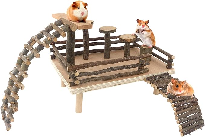 HOSUKKO Hamster Climbing Toys - Wooden Activity Set with Large Bridge, Apple Wood Chewing Toys for Small Pets