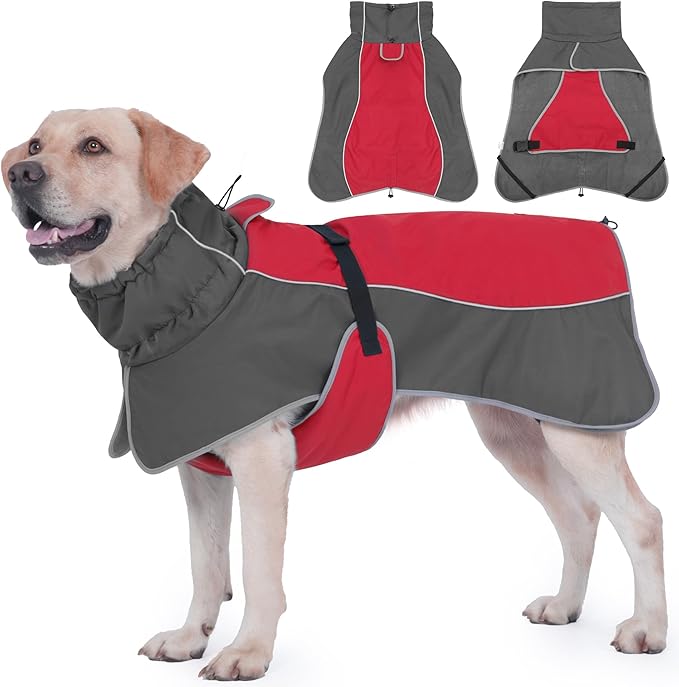 Dog Raincoat, Waterproof Dog Coat with Reflective Straps, Leash Hole & Polar Fleece Lining, Winter Snow Rain Coat for Small, Medium & Large Dogs, Warm, Windproof Vest Jackets