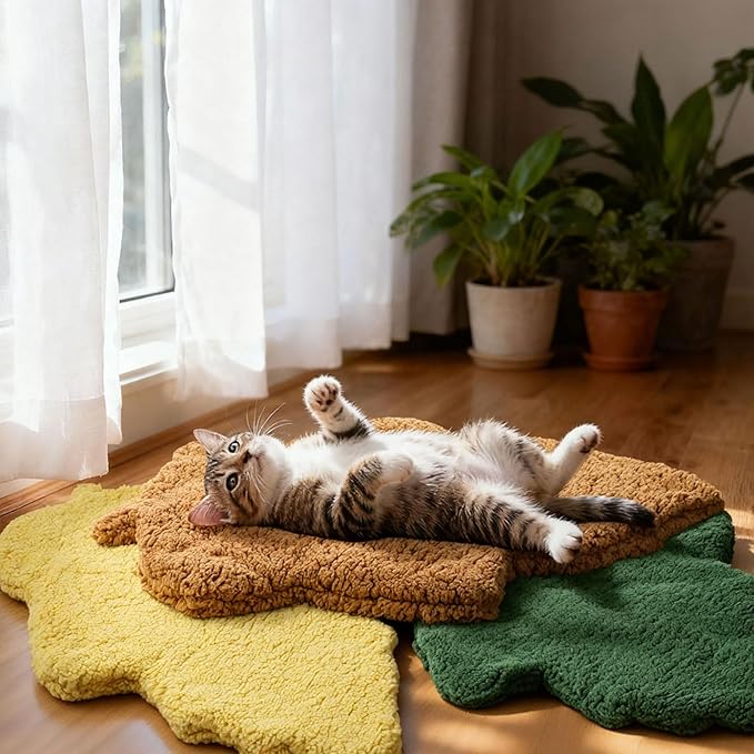 3 Pack Self Warming Cat Dog Bed Leaf Shape Self Heating Pet Mat Non Electric Washable Thermal Sleeping Pad Plush Heated Pet Mat for Crate Floor Indoor Outdoor(Mixed Colors,Medium-18 x24)