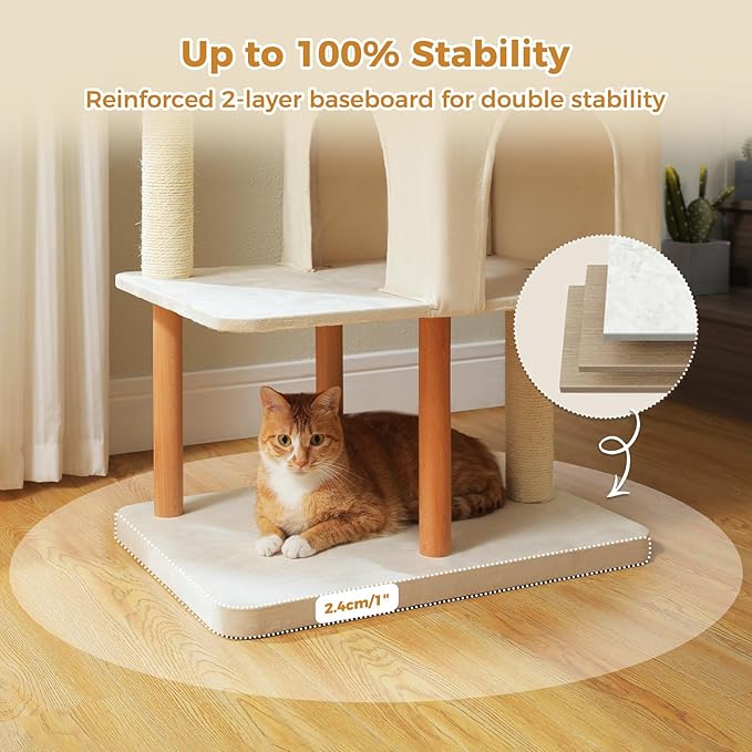 PAWZ Road Large Cat Tree, 53 Inches Modern Wooden Cat Tower for Indoor Large Cats, Multi-Level Cat Condos with Long Scratching Posts and Natural Wood Posts-Beige