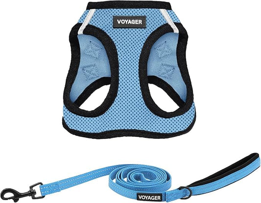 Voyager Step-in Air All Weather Mesh Harness and Reflective Dog 5 ft Leash Combo with Neoprene Handle, for Small, Medium and Large Breed Puppies by Best Pet Supplies - Baby Blue/Black Trim, XX-Small